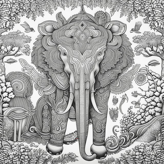 A colouring page featuring various animals adorned with intricate patterns.