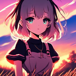 Digital art profile picture of an anime girl standing in a serene field at sunset, glitching heavily.