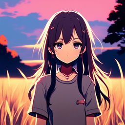 Digital art profile picture of an anime girl standing in a serene field at sunset, glitching heavily.