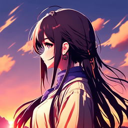 Digital art profile picture of an anime girl standing in a serene field at sunset, glitching heavily.