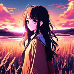 Digital art profile picture of an anime girl standing in a serene field at sunset, glitching heavily.