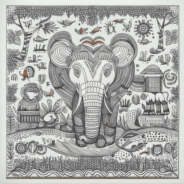 A children's colouring page featuring various animals adorned with simple patterns.