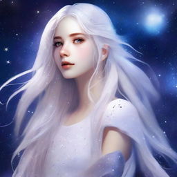 Create an image of a youthful girl with long, messy, floating white hair adorned with a starry sky motif