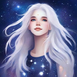 Create an image of a youthful girl with long, messy, floating white hair adorned with a starry sky motif