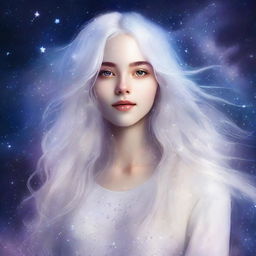 Create an image of a youthful girl with long, messy, floating white hair adorned with a starry sky motif