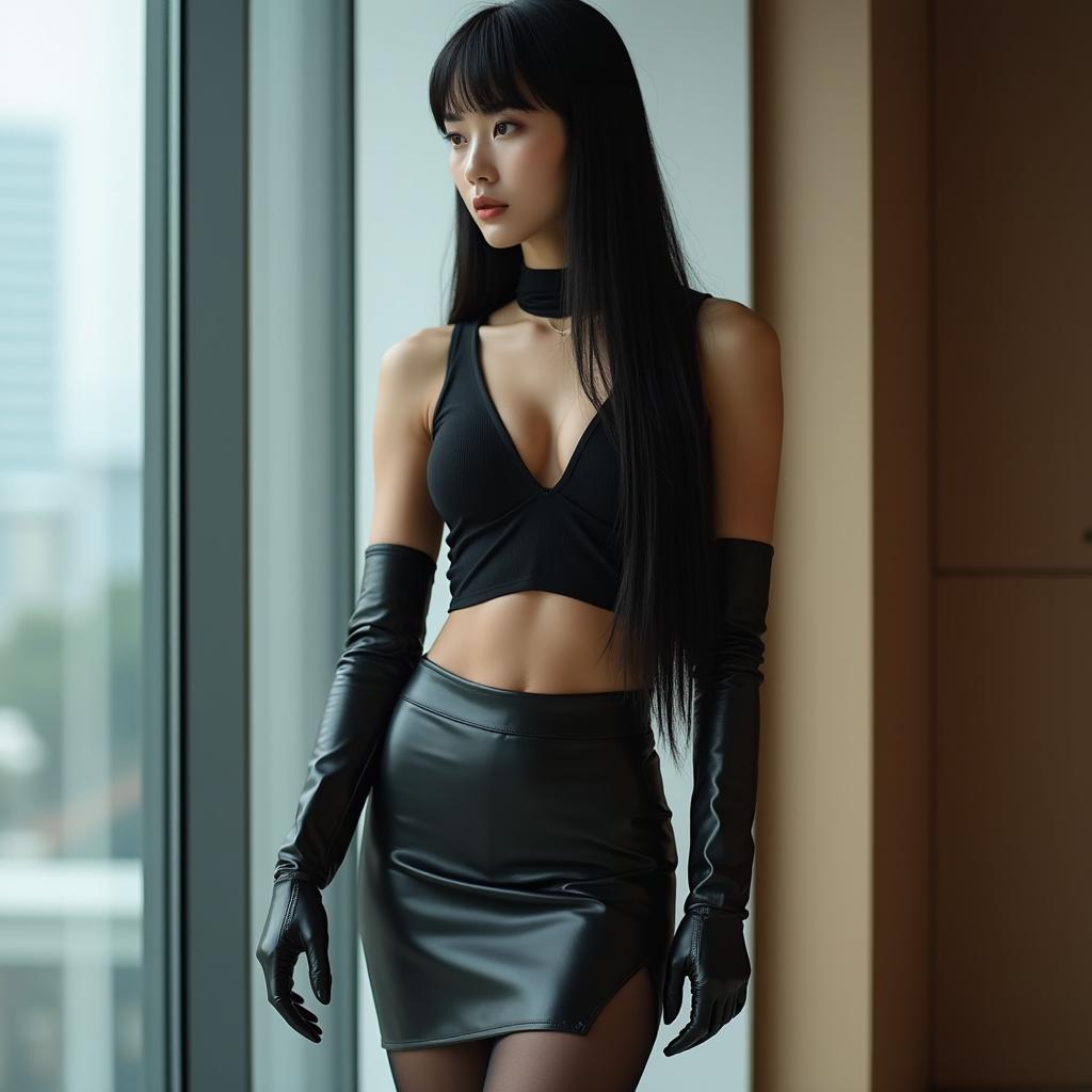 An elegant and sophisticated woman in a modern Beijing office setting, with long straight black hair, aristocratic and delicate features