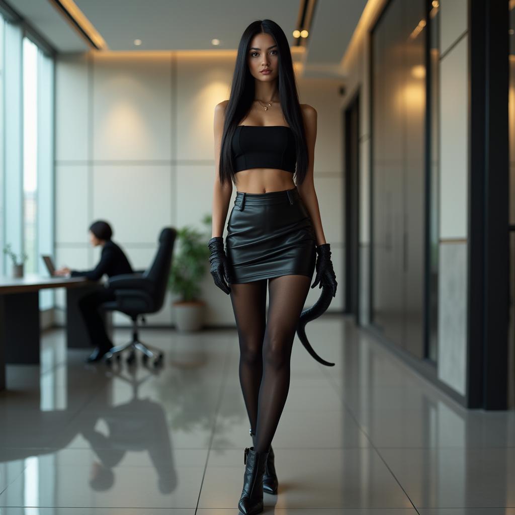 A sophisticated woman in a sleek Beijing office, displaying long straight black hair and aristocratic, delicate features