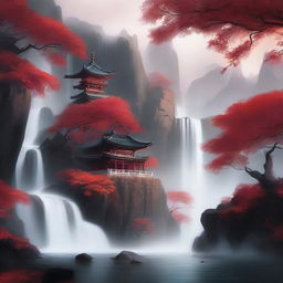 Create a striking, extremely detailed image of a scene containing a winding waterfall that cascades down intertwined mountain peaks