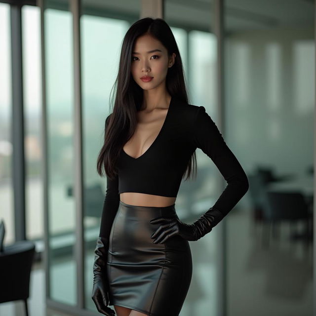 A poised and sophisticated woman in a contemporary Beijing office, characterized by her long straight black hair and aristocratic, delicate facial features