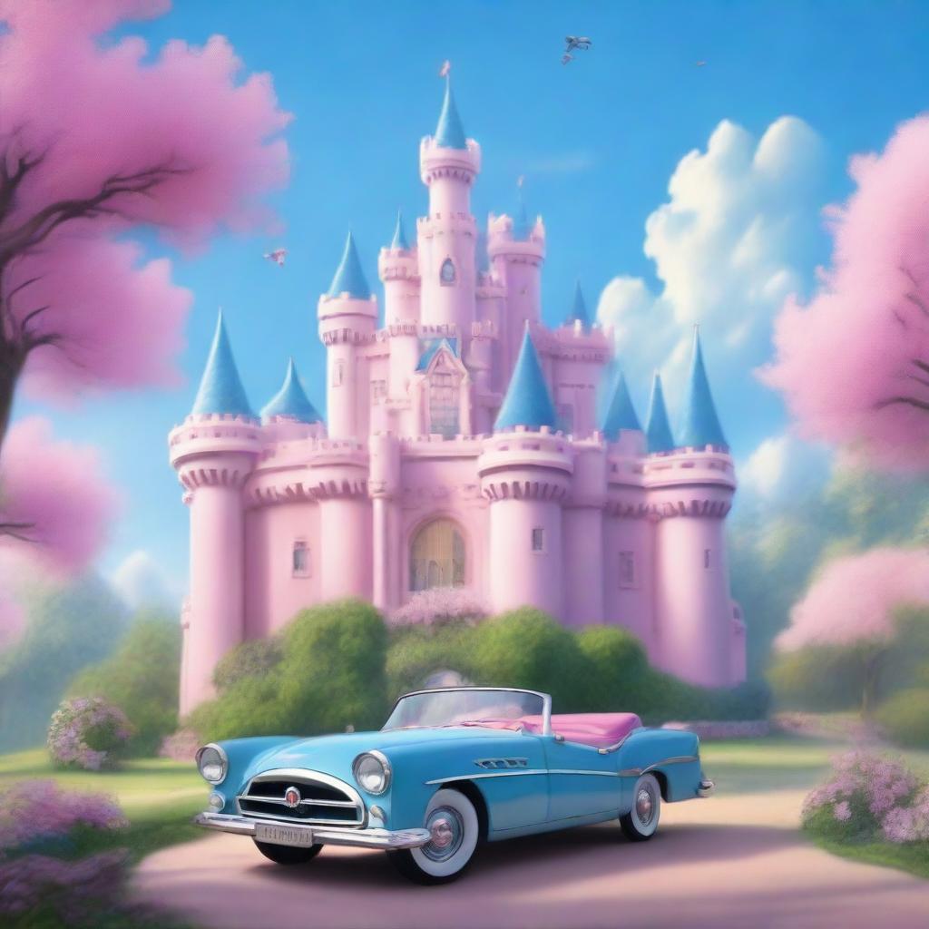 Generate a scene of a princess castle and cars in the countryside