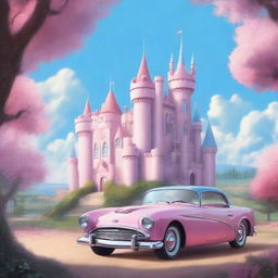 Generate a scene of a princess castle and cars in the countryside