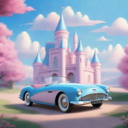 Generate a scene of a princess castle and cars in the countryside