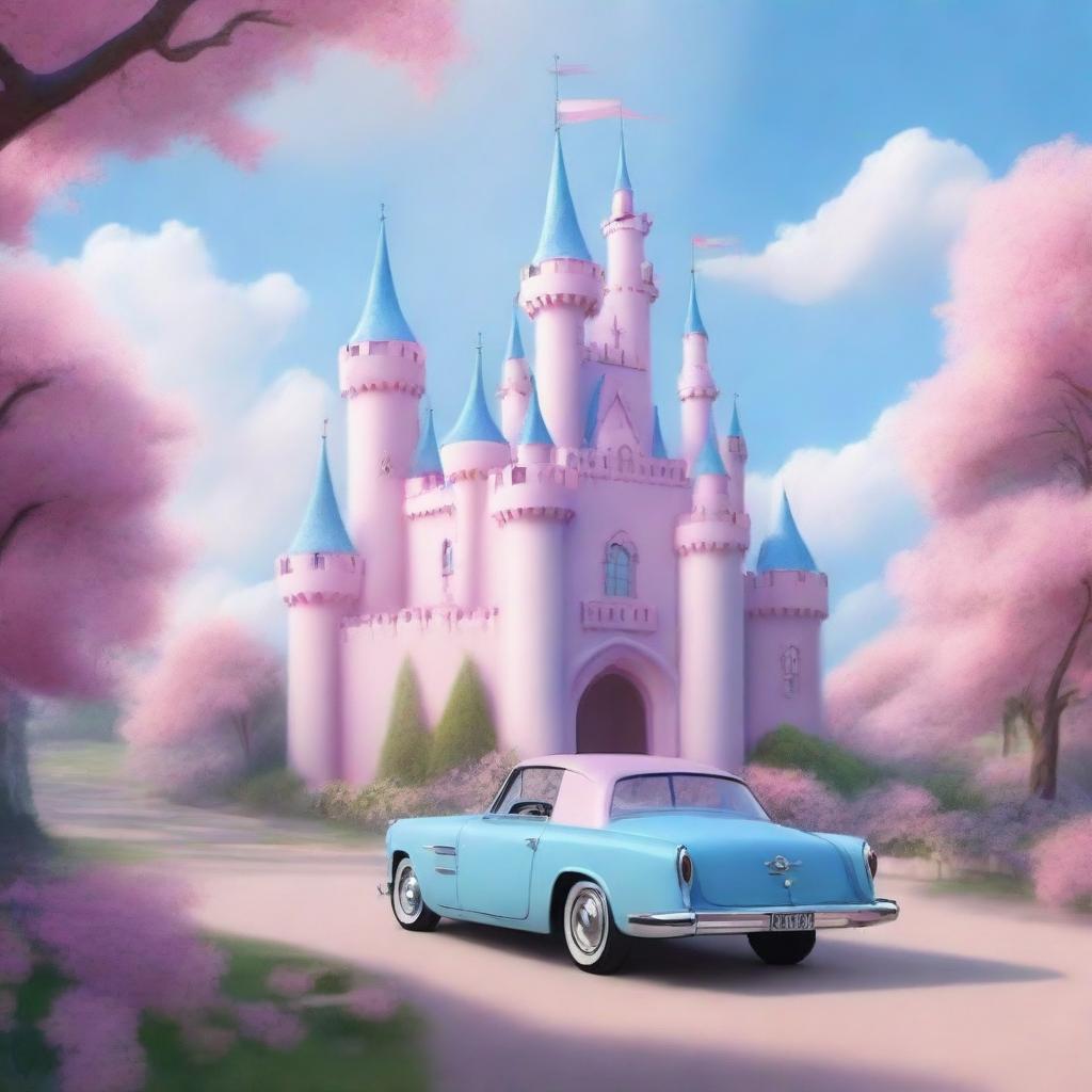 Generate a scene of a princess castle and cars in the countryside