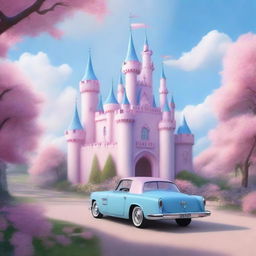 Generate a scene of a princess castle and cars in the countryside