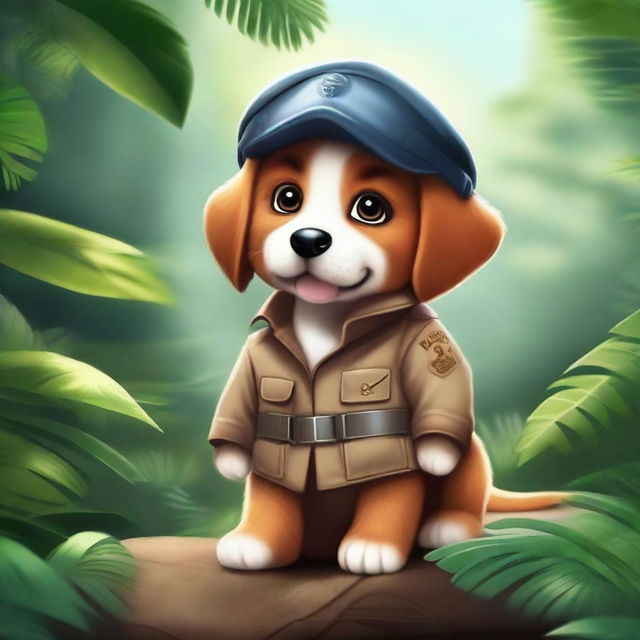 Create a high-quality masterpiece illustration of a puppy wearing pilot clothes, embarking on an exciting adventure in a detailed jungle setting