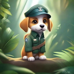 Create a high-quality masterpiece illustration of a puppy wearing pilot clothes, embarking on an exciting adventure in a detailed jungle setting