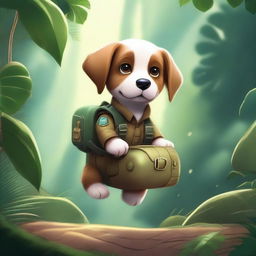 Create a high-quality masterpiece illustration of a puppy wearing pilot clothes, embarking on an exciting adventure in a detailed jungle setting