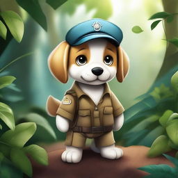 Create a high-quality masterpiece illustration of a puppy wearing pilot clothes, embarking on an exciting adventure in a detailed jungle setting