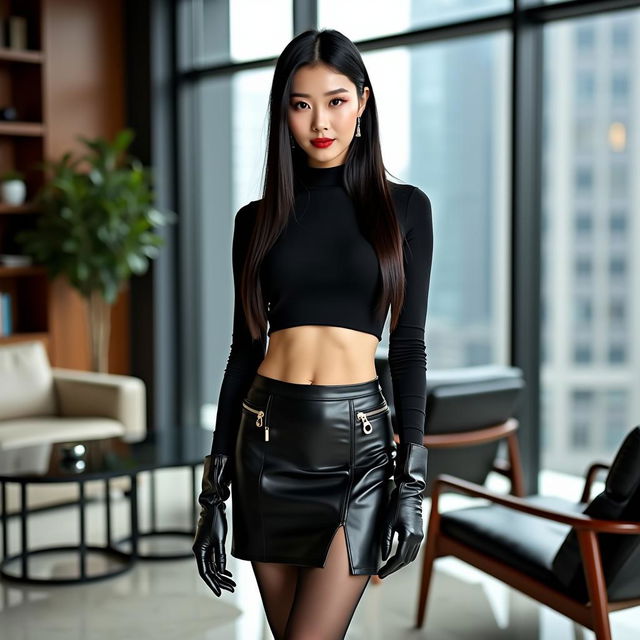 A stylish and confident woman in a contemporary office setting in Beijing