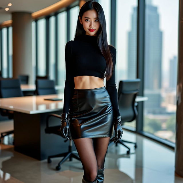 A fashionable and confident female assistant in a modern Beijing office setting