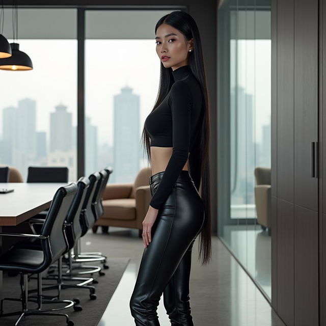 A sophisticated woman in a modern Beijing office setting