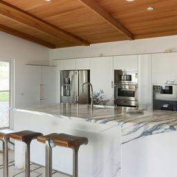 A sleek, modern kitchen with high-end stainless steel appliances, a central island with bar stools, white marble countertops, and stylish cabinetry.