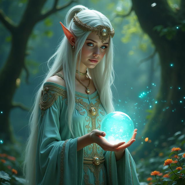 A mystical elven seer sorcerer, dressed in flowing, ornate robes adorned with intricate silver embroidery and magical symbols