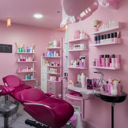 Interior of a cozy small beauty parlor, filled with hair washing stations, eyebrow threading chairs, facial treatment beds, and organized cosmetic product racks.