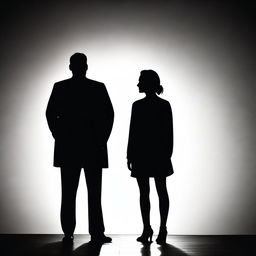 Generate an image of the silhouettes of a tall man and a woman standing side by side, backlit to create a dramatic contrast.