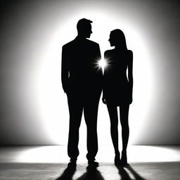 Generate an image of the silhouettes of a tall man and a woman standing side by side, backlit to create a dramatic contrast.