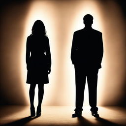 Generate an image of the silhouettes of a tall man and a woman standing side by side, backlit to create a dramatic contrast.