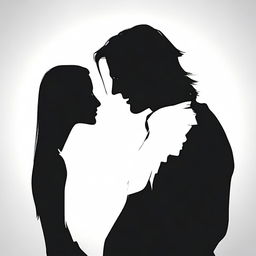 Revise the previous image to incorporate the silhouette of the man with long hair, still standing next to the woman.