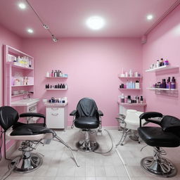 Interior of a cozy small beauty parlor, filled with hair washing stations, eyebrow threading chairs, facial treatment beds, and organized cosmetic product racks.