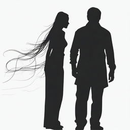 Revise the previous image to incorporate the silhouette of the man with long hair, still standing next to the woman.