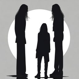 Revise the previous image to incorporate the silhouette of the man with long hair, still standing next to the woman.