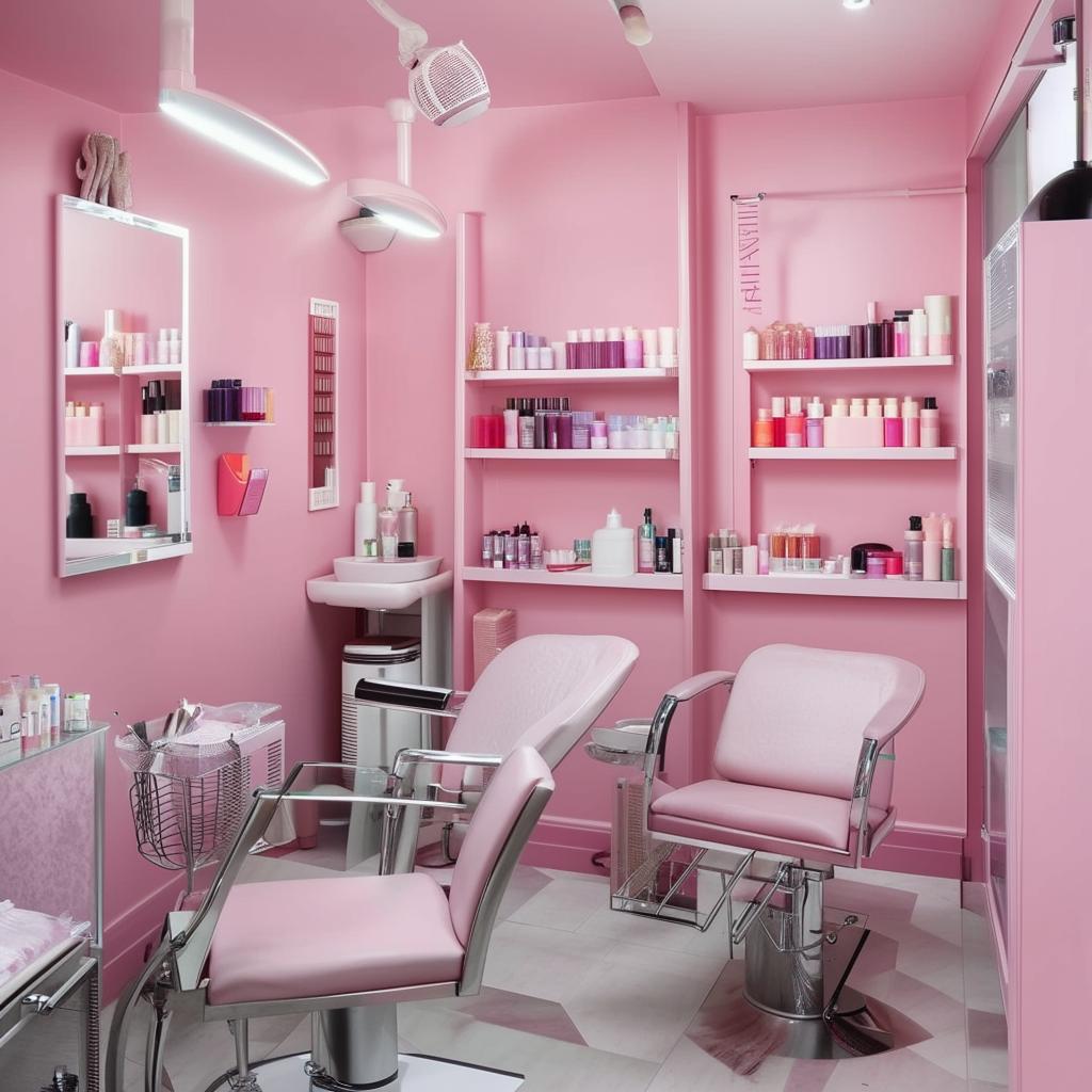 Interior of a cozy small beauty parlor, filled with hair washing stations, eyebrow threading chairs, facial treatment beds, and organized cosmetic product racks.