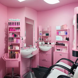 Interior of a cozy small beauty parlor, filled with hair washing stations, eyebrow threading chairs, facial treatment beds, and organized cosmetic product racks.