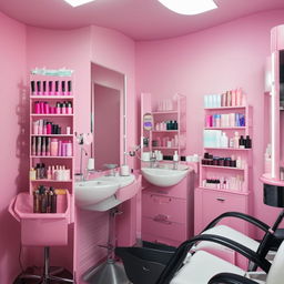 Interior of a cozy small beauty parlor, filled with hair washing stations, eyebrow threading chairs, facial treatment beds, and organized cosmetic product racks.