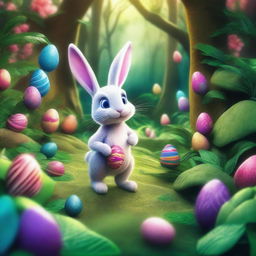 A intricately detailed illustration of the Easter Bunny on an adventurous journey through a dense, lush jungle