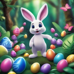 A intricately detailed illustration of the Easter Bunny on an adventurous journey through a dense, lush jungle