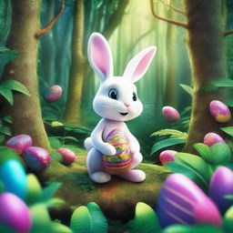 A intricately detailed illustration of the Easter Bunny on an adventurous journey through a dense, lush jungle