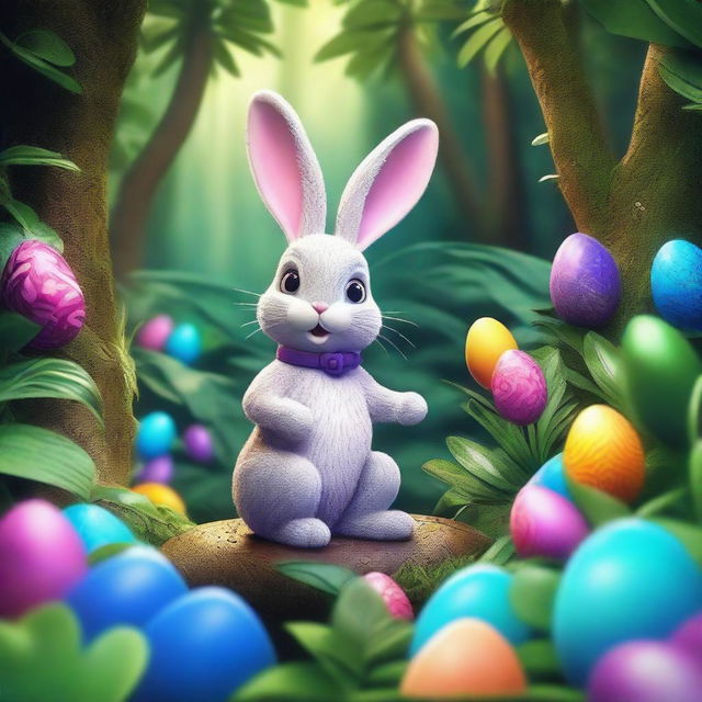 A intricately detailed illustration of the Easter Bunny on an adventurous journey through a dense, lush jungle