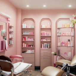 An interior layout of a cozy, small beauty parlor featuring a hair washing station, an eyebrow threading chair, a facial treatment bed and beautifully-arranged racks of beauty products.