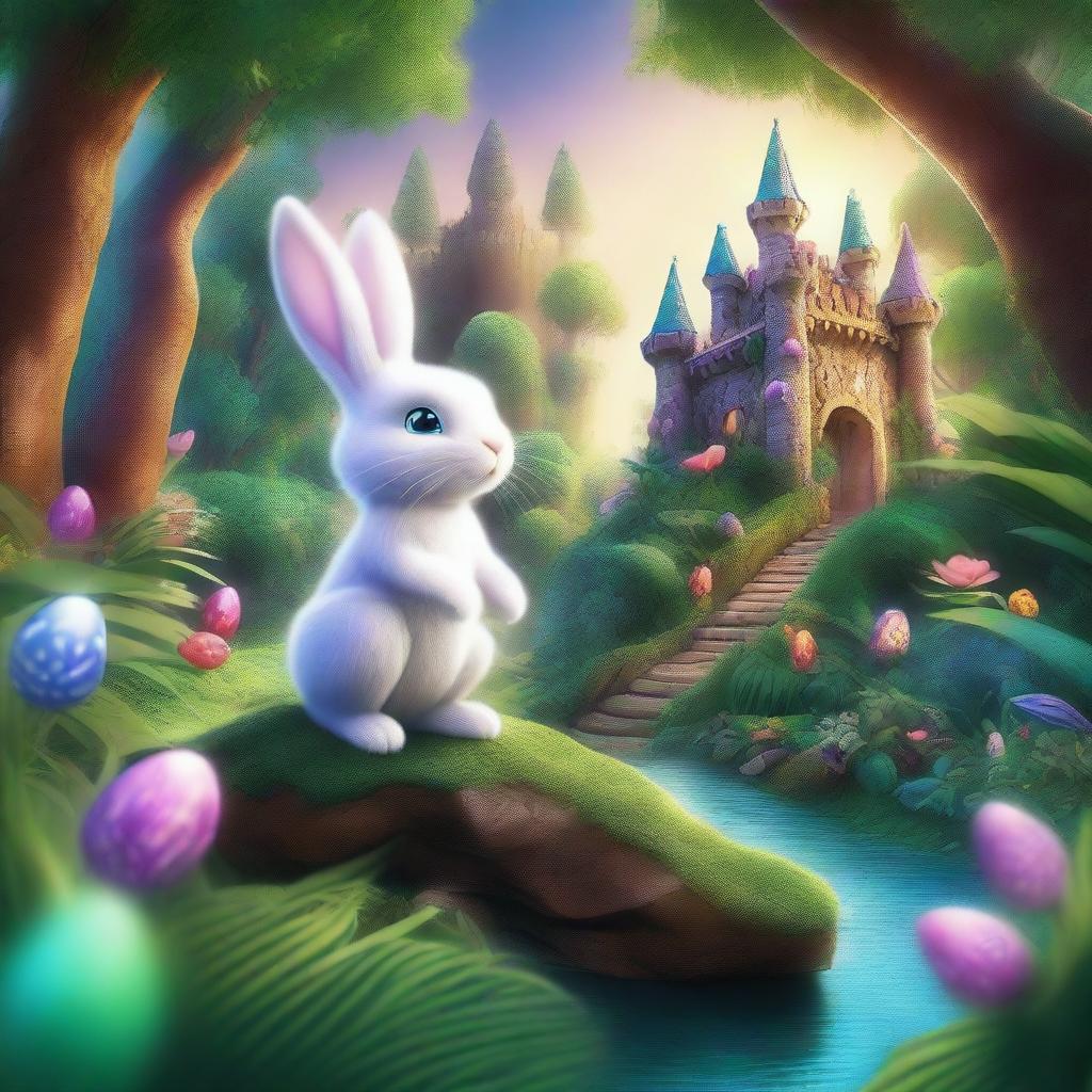 A masterfully detailed illustration depicting the Easter Bunny embarking on an adventure in a dense jungle, heading towards a magical castle