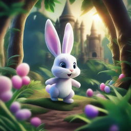 A masterfully detailed illustration depicting the Easter Bunny embarking on an adventure in a dense jungle, heading towards a magical castle