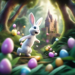 A masterfully detailed illustration depicting the Easter Bunny embarking on an adventure in a dense jungle, heading towards a magical castle