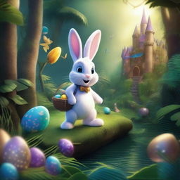 A masterfully detailed illustration depicting the Easter Bunny embarking on an adventure in a dense jungle, heading towards a magical castle