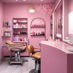 An interior layout of a cozy, small beauty parlor featuring a hair washing station, an eyebrow threading chair, a facial treatment bed and beautifully-arranged racks of beauty products.