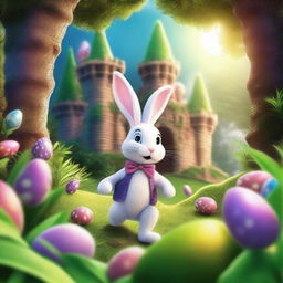 An extremely detailed, high-quality illustration of the Easter Bunny on an adventure in a lush jungle