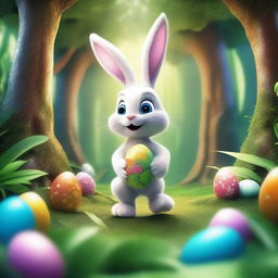 An extremely detailed, high-quality illustration of the Easter Bunny on an adventure in a lush jungle